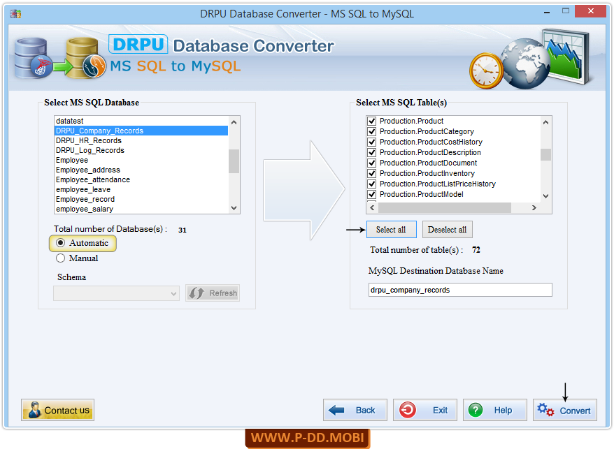 Select MS SQL Database and Tabels to convert